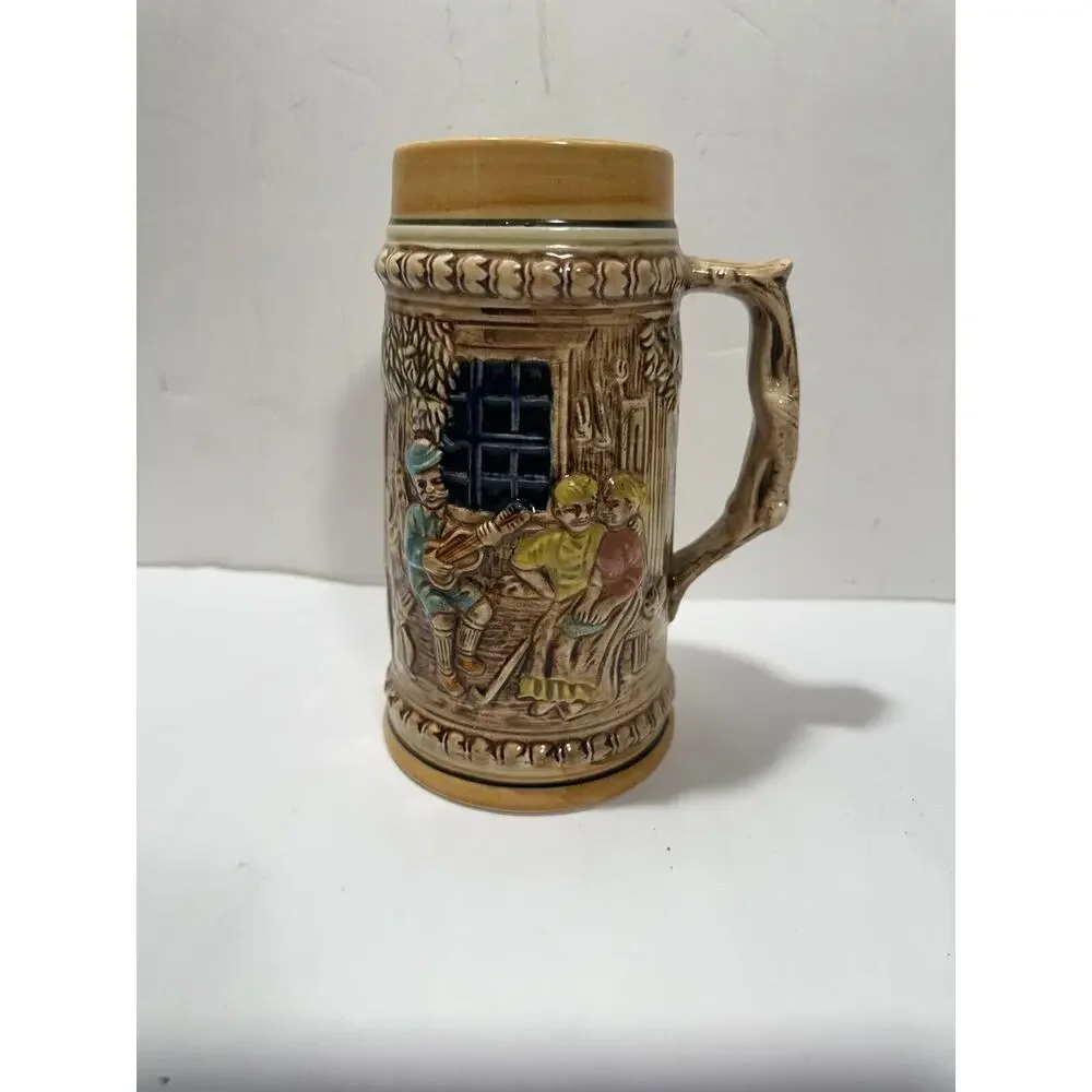 Set‎ 2 Vintage Japanese Ceramic Beer Stein, Man Plays Mandolin 3D Mug Art German